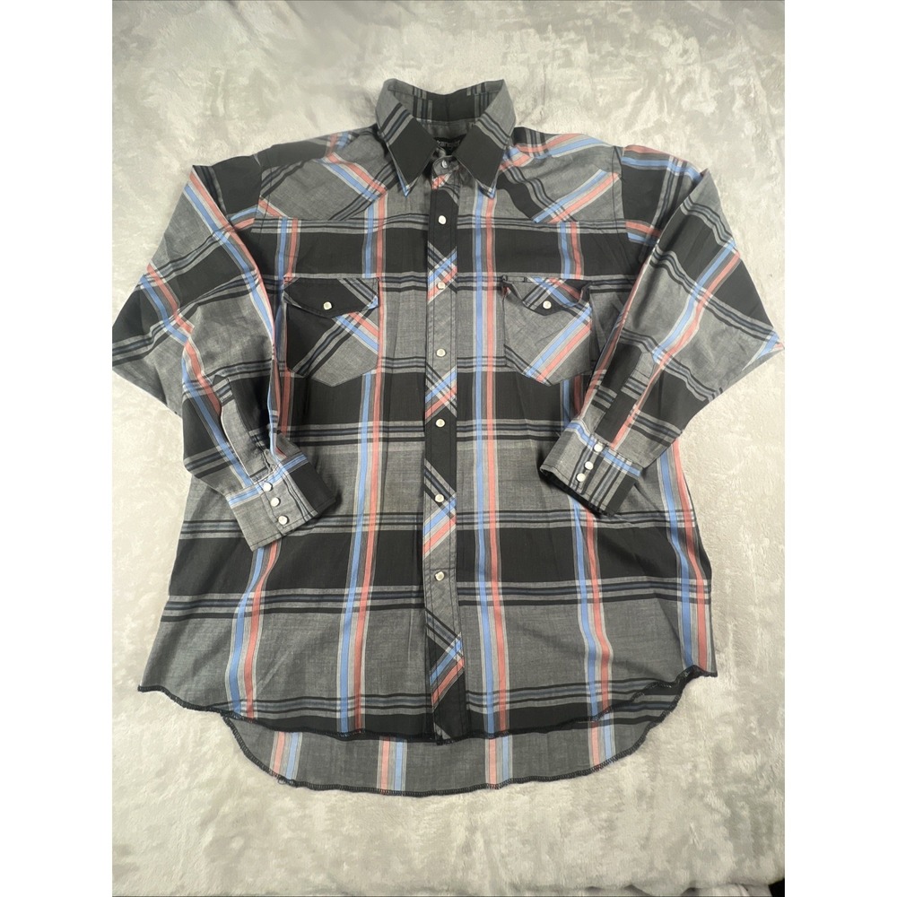 WRANGLER Plaid Western Shirt cowboy Cut Mens 17x34. X-long Tails Regular Fit